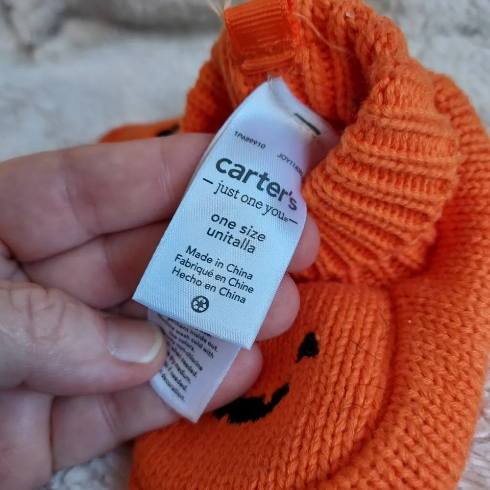 Carter's Halloween Orange pumpkin knit baby booties one size Fall Festive
